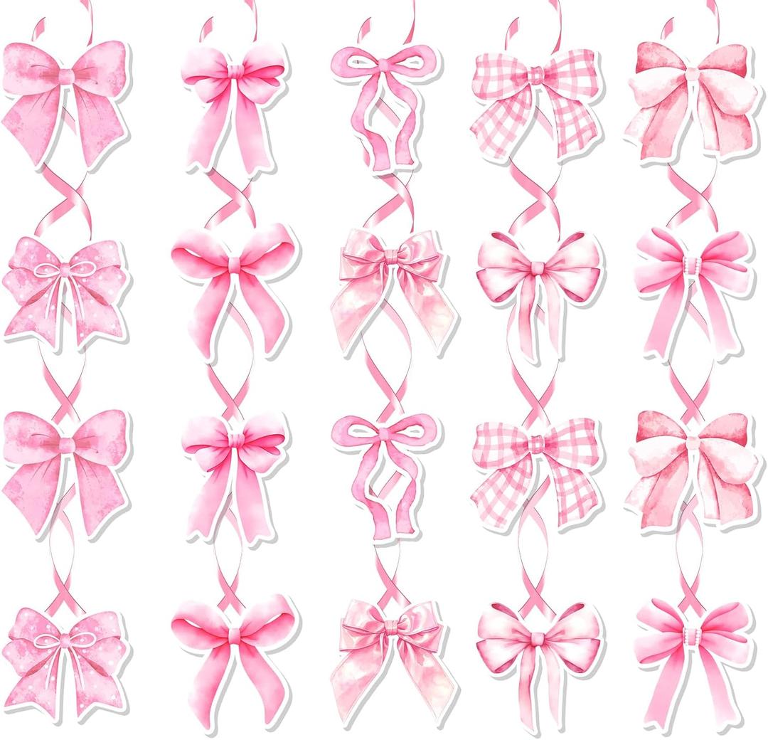 2 x Pink Bow Party Hanging Swirls Decorations, Pink Bow Banner Hanging Swirls for Girls Birthdays, Baby Showers, Bridal Showers, Bachelorette Parties