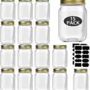 Rainforce 16 oz Mason Jars With Lids Regular Mouth 15 Pack-16 oz Glass Jars with Gold Lids,Bulk Pint Clear Glass Jars For Meal Prep, Food Storage With 20 Labels