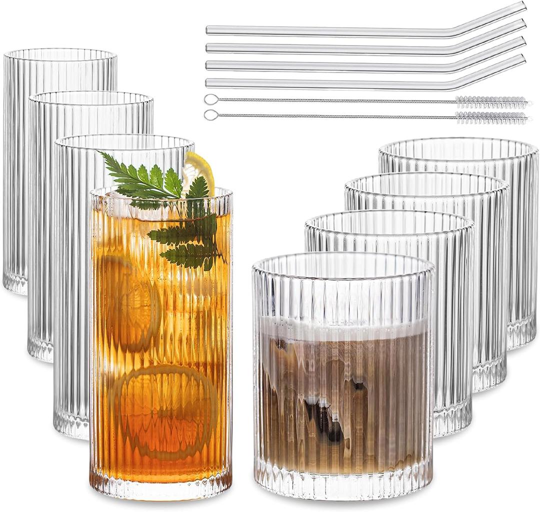 INSETLAN Set of 8 Vintage Glassware - 3 Highball Glasses 12 oz, 4 Rocks Glass Cups 14 oz, Ribbed Glassware Cocktail Glasses, Ideal for Wine, Juice, Water, Ice Coffee Cup, Whiskey, Mixed Drinkware