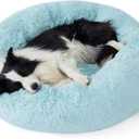 Bedsure Calming Dog Bed for Large Dogs - Donut Washable Large Pet Bed, 36 inches Anti-Slip Round Fluffy Plush Faux Fur Dog Bed, Fits up to 80 lbs Pets, Aqua Blue