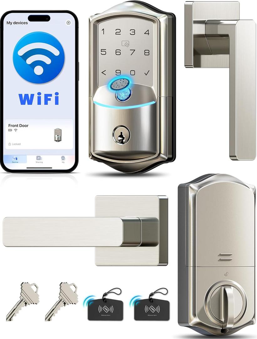 Veise VE027-L Built-in WiFi Smart Lock with Handle, Fingerprint keyless Entry Door Lock Set, App Remote & Voice Control, Electronic Deadbolt for Front Door, Touchscreen Keypad, Auto Lock, Satin Nickel