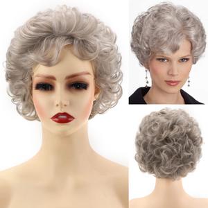 SEVENCOLORS Short Grey Curly Wigs for White Women Natural Wavy Silver Hair Wigs Synthetic Gray Womens Wig for Daily Party Cosplay Use