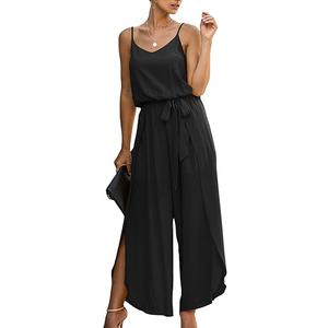 ECOWISH Womens Jumpsuit Spaghetti Strap Wide Leg Split Jumpsuits Long Overalls Summer Beach Loose Fit Rompers (Small, Black)