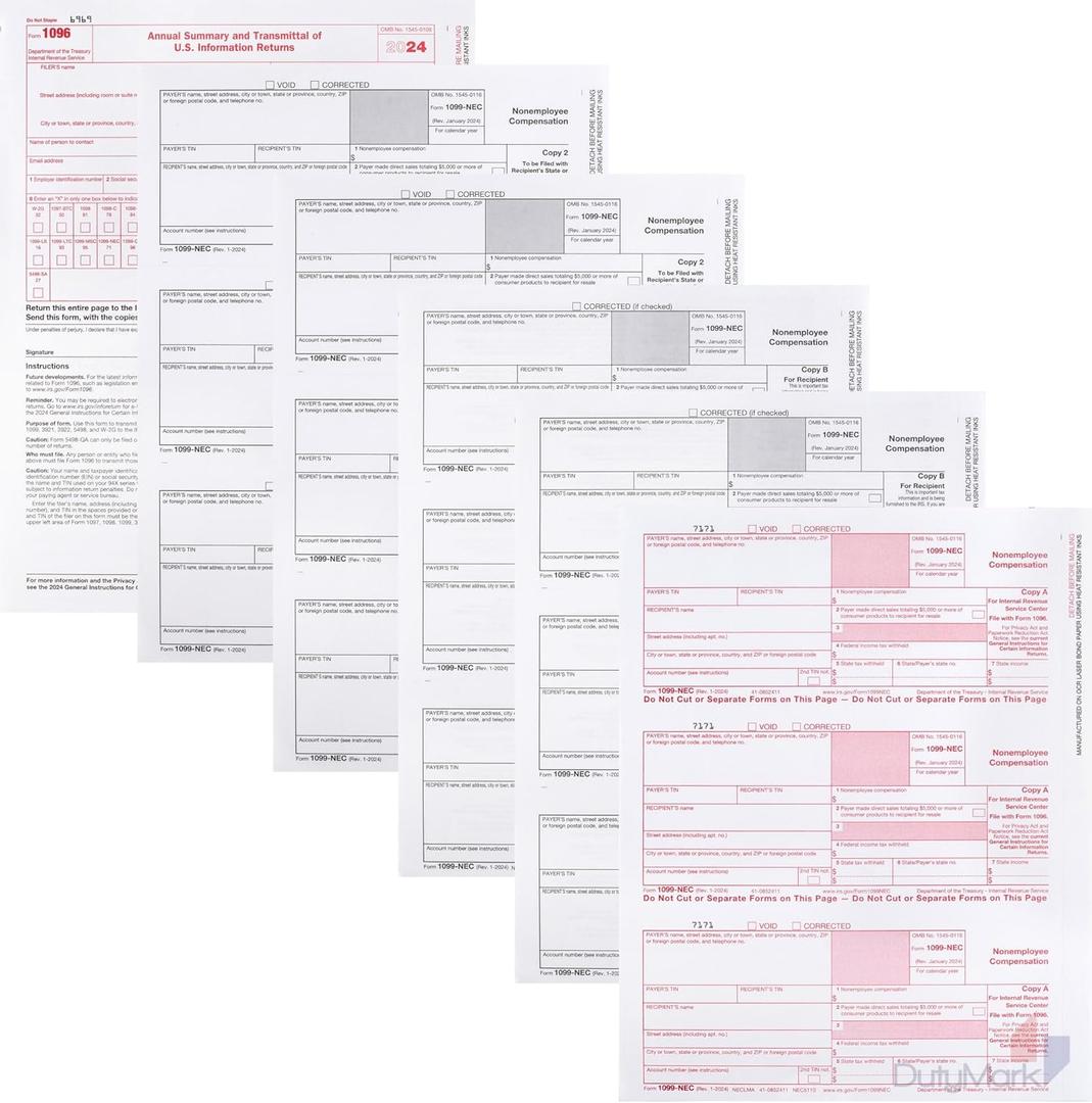 1099 NEC Forms 2024, 50 Pack 3 Part Laser Tax Forms Kit Pack of Federal/State Copy's, 1096's. Great for QuickBooks and Accounting Software, 2024, 1099-NEC 50 Pack