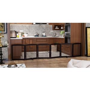 Freestanding Pet Gate for Dogs, Foldable Wooden Dog Gate for House, Extra Wide Indoor Pet Barrier for Stair, Doorway, Hall, Support Feet Included, 120 Inch Wide, 6 Panels 24", Brown