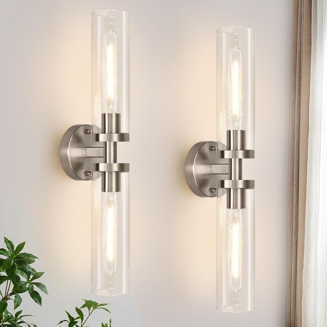 Wall Sconces Set of Two, Hardwired Brushed Nickel Bathroom Sconces Wall Lighting with Clear Glass, Modern Sconces Wall Decor Set of 2 Bathroom Light Fixtures for Mirror Hallway (Bulbs Not Included)