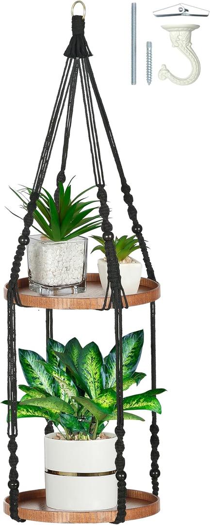 2 Tier Macrame Plant Hanger | Plant Hanger Indoor, Hanging Planter | Hanging Planter Shelf (Large, 12" Shelf)
