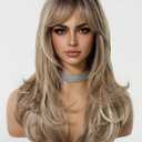Long Blonde Wig with Bangs Wavy Curly Ombre Wig with Dark Root Synthetic Heat Resistant Wigs Blonde Mixed Brown