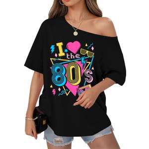 80s Shirts for Women Oversized Retro Off The Shoulder Top Disco 80s 90s Theme Party Outfit (Black, L)