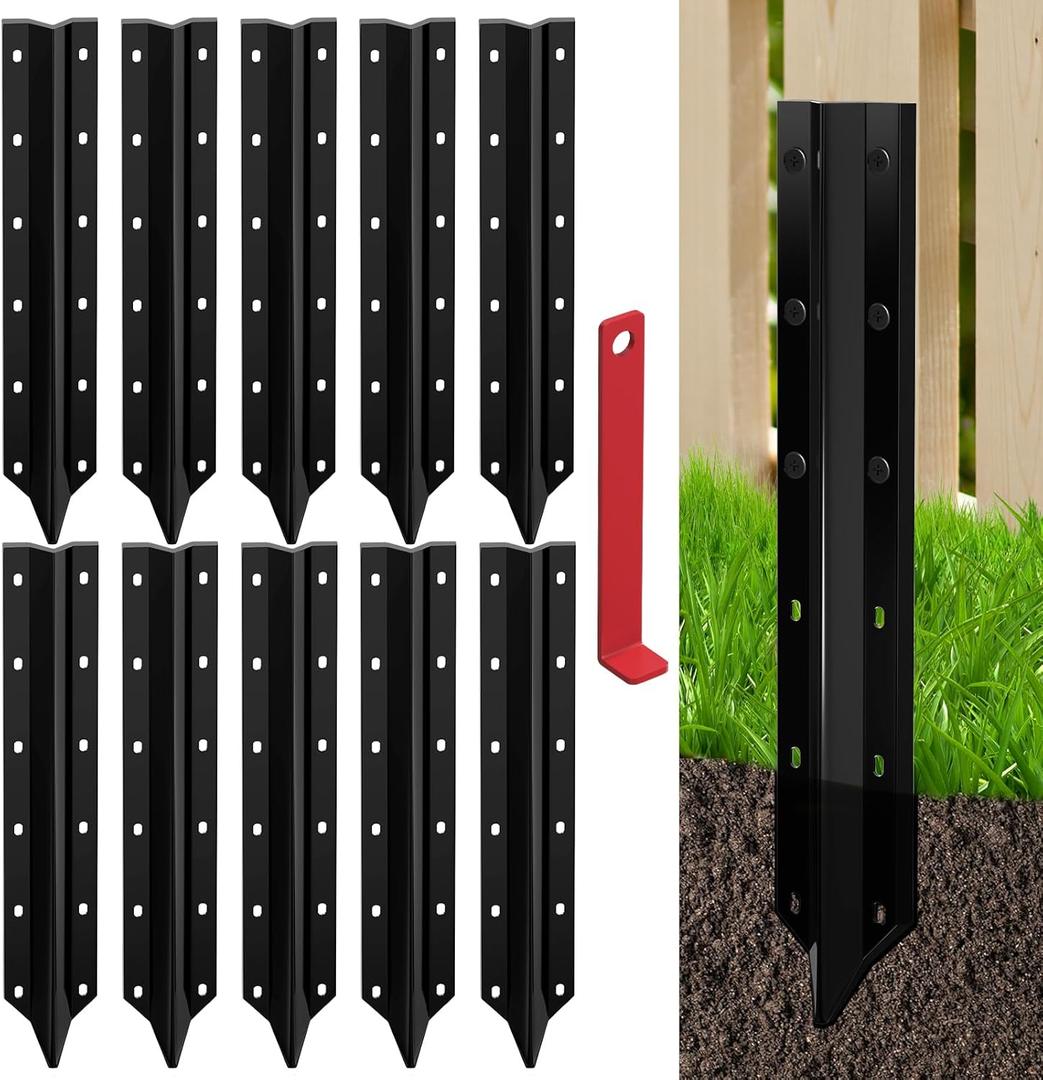 10 Pack Fence Post Repair Stakes 14 Ga Heavy-Duty Steel Fence Post Support Kit, Easy Installation Kit Included