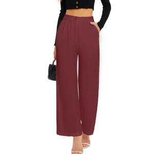 FUNYYZO Wide Leg Pants Women's High Elastic Waisted in The Back Business Work Trousers Long Straight Suit Pants, Wine Red, S