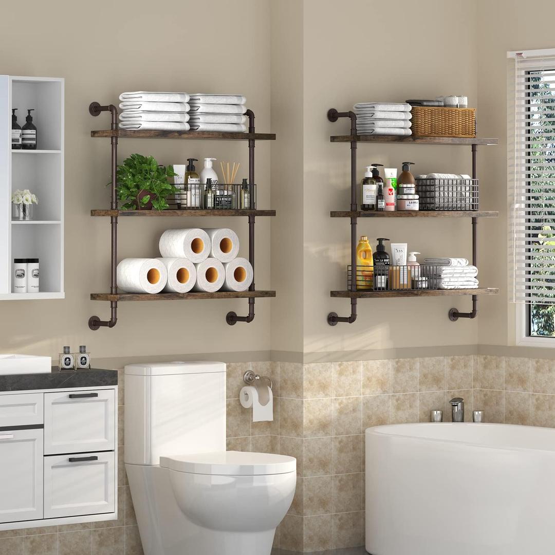 Industrial Pipe Shelf Wall Mounted, Rustic Wood Floating Shelves, 3 Tier Wall Display Bookshelf, Storage Rack Sundries Holder for Kitchen Office Bathroom Organization and Home Decor (24inch x 2)