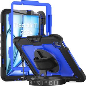 Herize Case for iPad Air 11 Inch M3/M2 with Screen Protector | Case for iPad Air 7th/6th Generation 11 Inch 2025/2024 | Shockproof Protection Cover W/Pen Holder Kickstand Hand Grip Shoulder Strap (Blue)