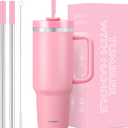 40 oz Tumbler with Handle and Straw, 2 in 1 Lid, Vacuum Insulated Stainless Steel Double Wall Water Bottle Travel Mug - Holiday Gifts for Women Men - Pink