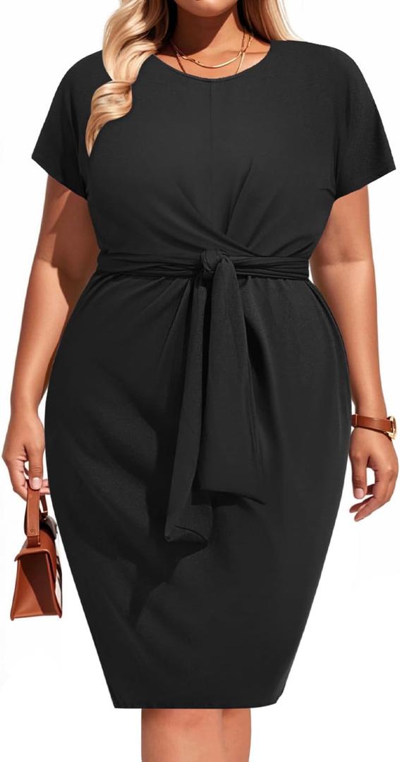 Pinup Fashion Plus Size Dresses for Women Wedding Guest Short Sleeve Tie Front Waist Belted Pencil Work Knee Dress (Black), 20 Plus