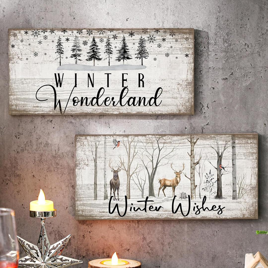 2 Pcs Winter Wonderland Decorations Farmhouse White Wonderland Signs for Door Wall Winter Wall Decorations Wooden Christmas Door Decor