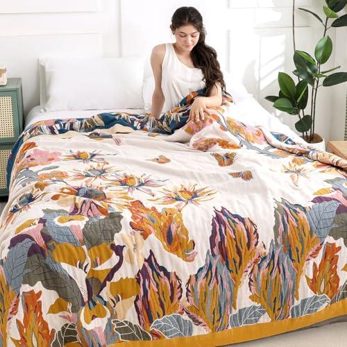 Shesyuki Boho Throw Blanket for Bed - 100% Pure Cotton Ultra Soft Rustic Quilt - Farmhouse Decor Bed Blankets, All Season Rustic Throw for Sofa Couch Chair(80''x 90'', Floral)