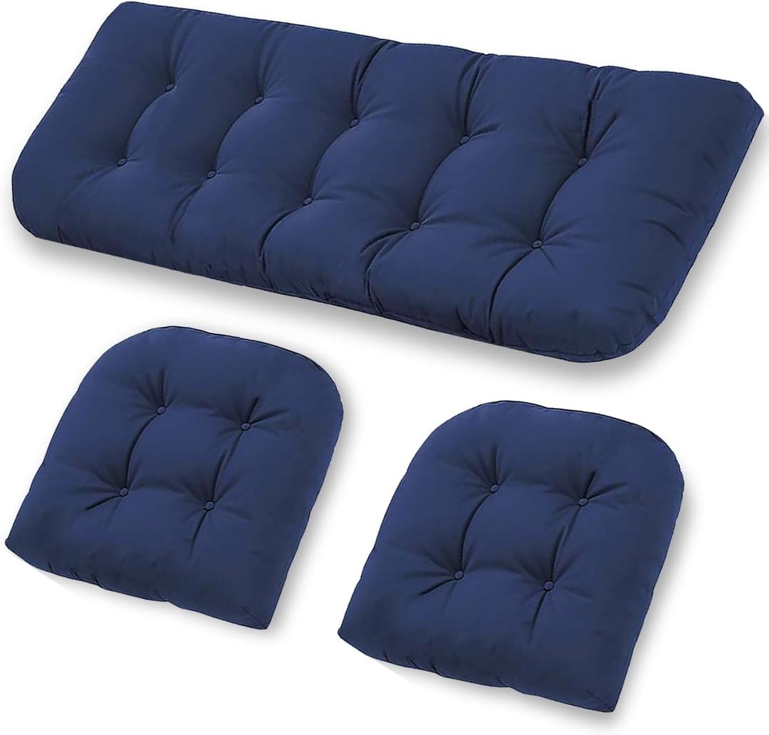 Wicker Furniture Cushions Set, Waterproof Patio Cushions for Outdoor Chairs 3 Pieces, 1 Loveseat & 2 Seat Pads Thick Outdoor Replacement Cushions for Porch Lawn Bench Couch Sofa, Navy Blue, 3pcs
