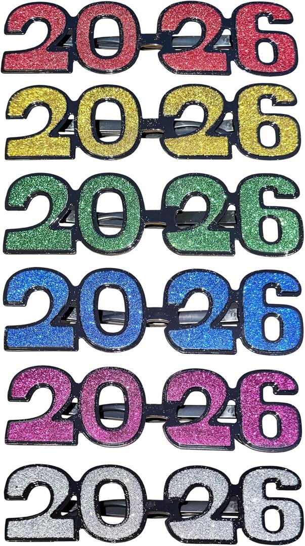 6 Pack of 2026 New Year's Crystal/Glitter/Solid/Metallic Plastic Party Glasses Celebration Eyeglasses