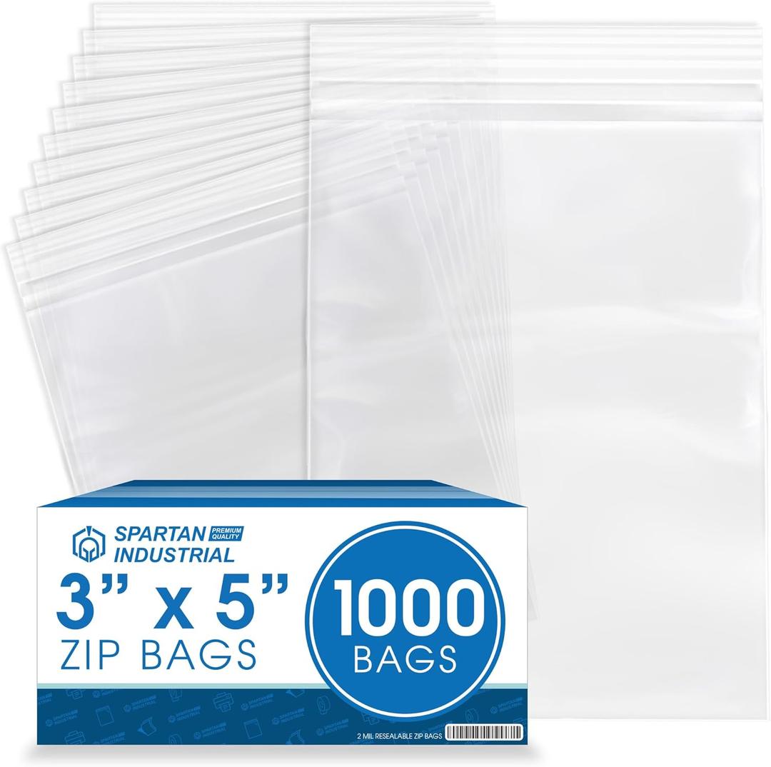 Spartan Industrial - 3 X 5 (1000 Count) 2 Mil Clear Reclosable Zip Plastic Poly Bags with Resealable Lock Seal Zipper