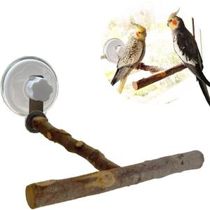 Portable Bird Perch Stand- T-Shaped Natural Apple Wood with Vacuum-Grip Suction Cup for Windows, Flat Tiles, Bath/Car/Travel - Durable & Safe for Parrots, Cockatiels, Lovebirds (Small to Medium Birds)