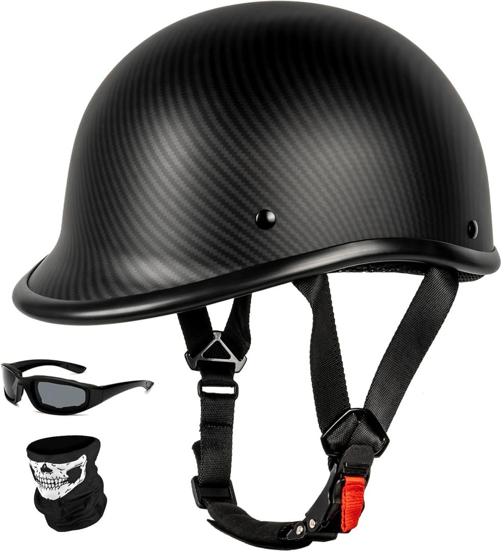 Yesmotor Vintage Motorcycle Half Helmet - Lightweight Low Profile Open-Face Half-Face Helmet DOT Approved (Carbon Fiber, L)