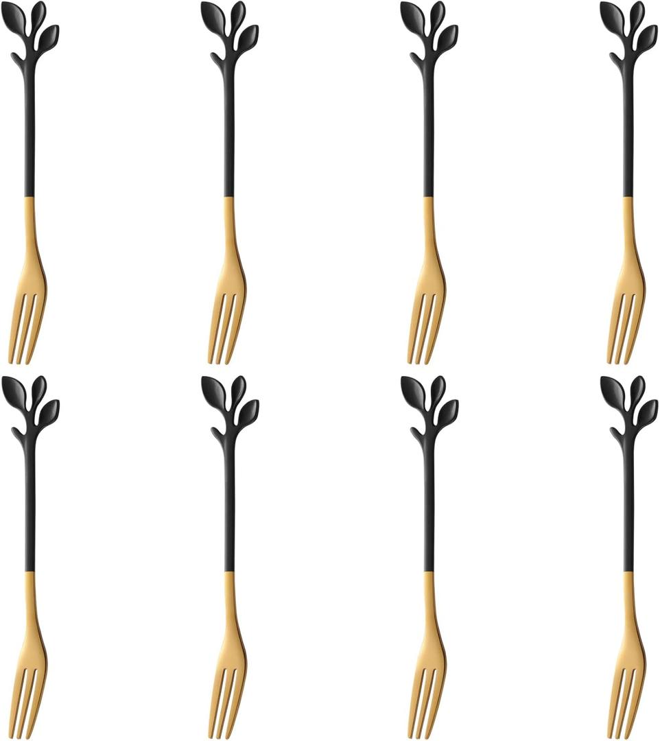 AnSaw 8-Pc Black & Gold Mini Leaf Fruit Forks Set - 4.7" Elegant Stainless Steel Dessert, Appetizer, Cake & Salad Forks - Perfect for Cocktail Parties & Home Use