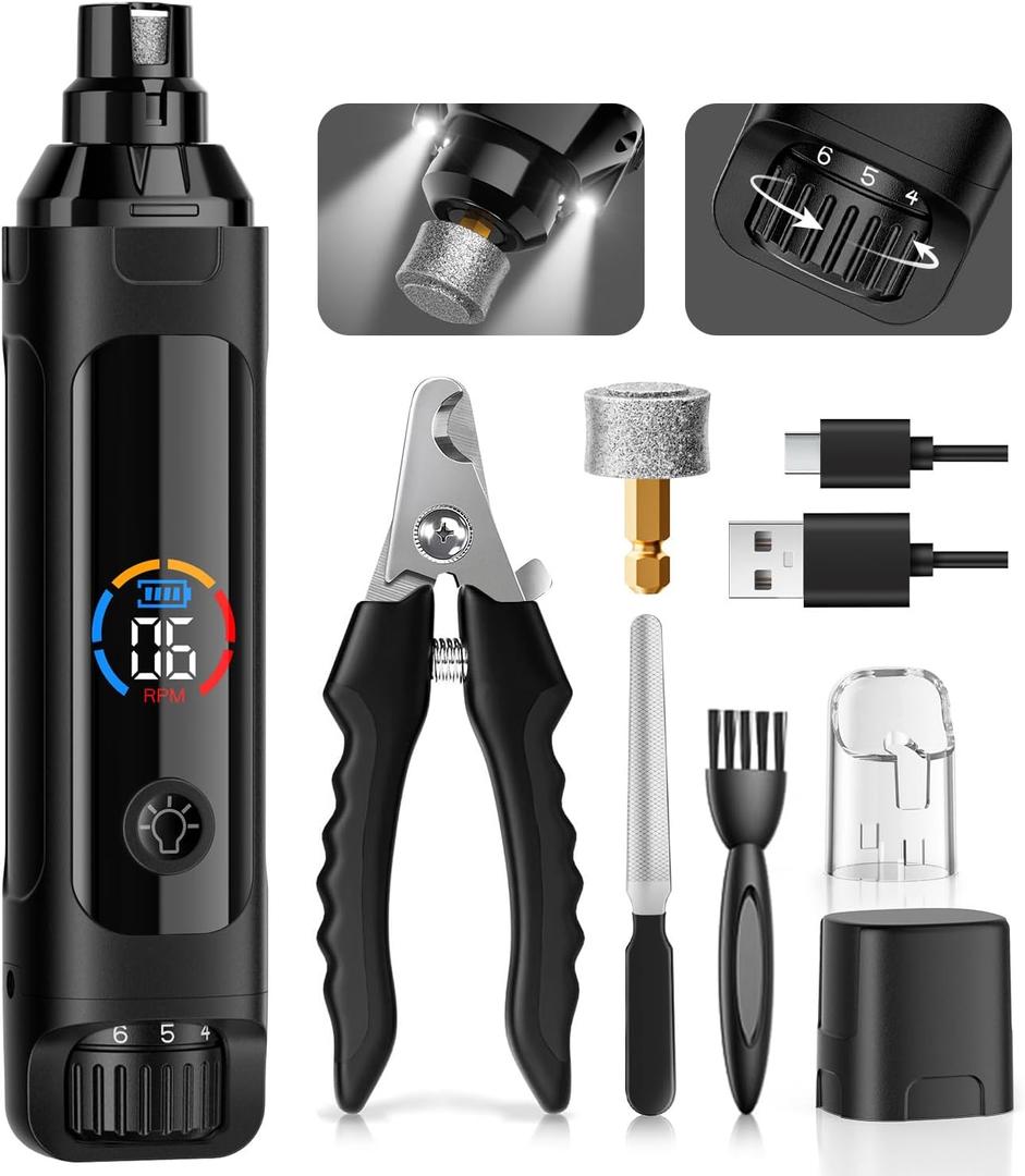 Dog Nail Grinder, 6-Speed Quiet Electric Dog Nail Trimmers, Dog Nail Clippers with File for Small Medium Large Dogs, Cats, Rechargeable Pet Paw Grooming Supplies Kit, 2 Grinding Wheels (Black)