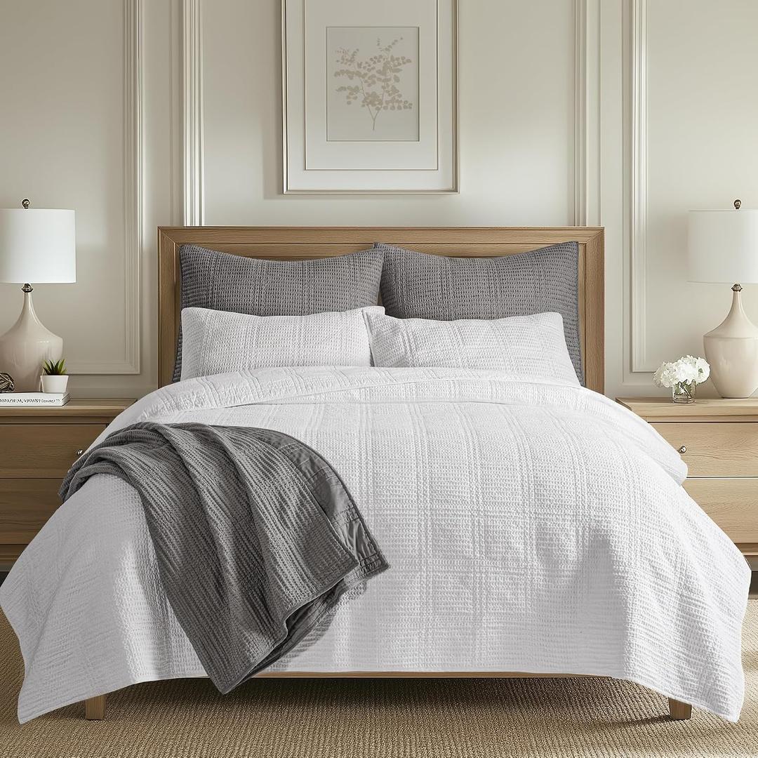 Levtex Home Cloud Waffle King/Cal King Quilt Set (106x92in) and 2 Pillow Shams (36x20) - Box Quilted Waffle Texture - Bright White - Cotton King Size Quilt Bedding Set - Lightweight Soft Pre-Washed