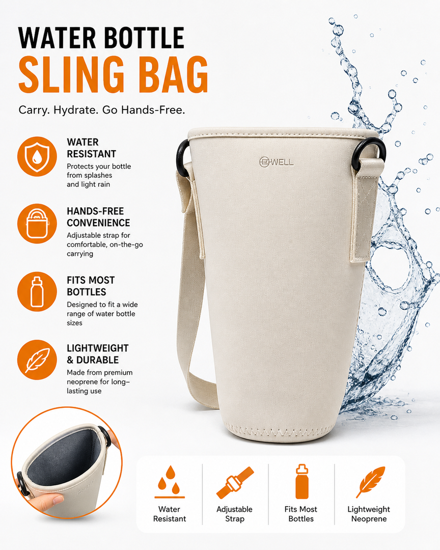 B•WELL Water Bottle Sling Bag. Adjustable Strap. White Universal Fit for 30/40 OZ Bottles