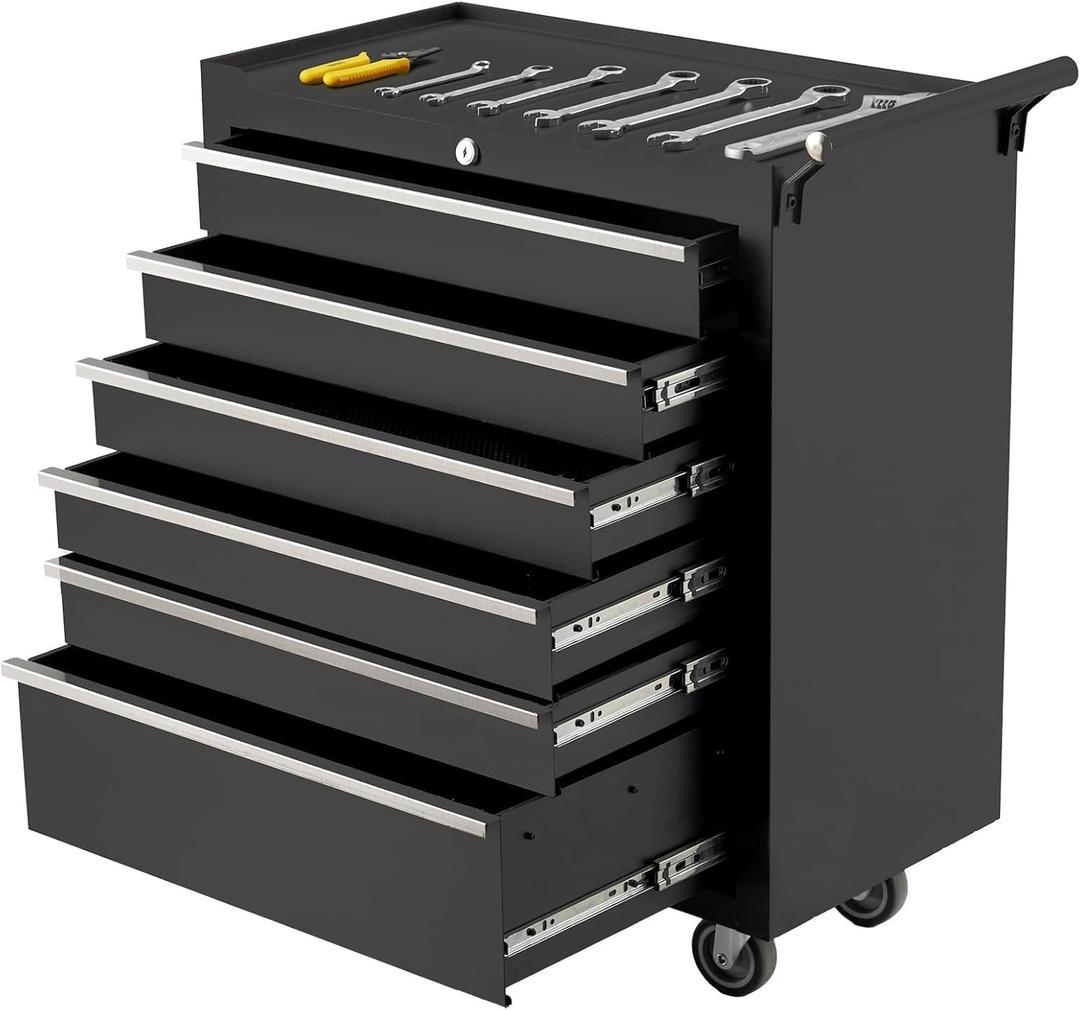 PeakPursuit 24-inch, 6-Drawer Rolling Tool Chest, with Lock System, Portable Tool Box with Wheels, Secure Storage Cabinet for Warehouse, Workshop, and Repair Shop, Black