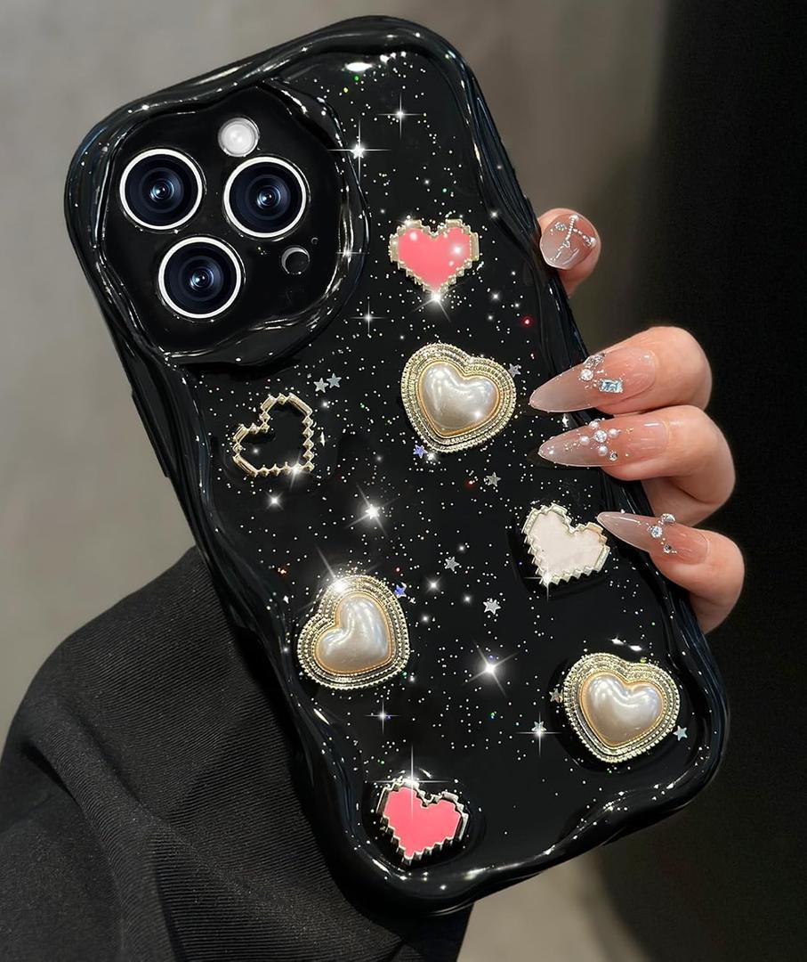 Toycamp for iPhone 16 Pro Max Case Cute - Women Girly Girls Glitter Phone Cover 16 ProMax Kawaii Sparkle Bling Shine Aesthetic Pretty Unique Wave Design Funda for Apple 16 Pro Max, Black Heart