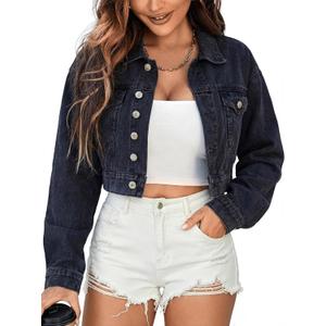 EMMIOL Women's Cropped Denim Jacket Lapel Long Sleeve Button Front, M