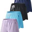 4 Pack Youth Girls Athletic Shorts 3", Girls Soccer Shorts, Kids Workout Gym Clothes Activewear Apparel with Zipper Pockets (Large, Set 2: Lavender/Baby Blue/Navy/Black)