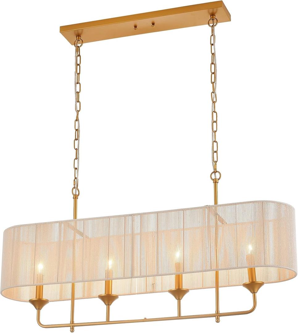 42 Boho Chandelier Brass and White Hand Woven Rattan Pendant Light Linear Large Island Light for Dining Room Kitchen Island Living Room, UL Listed