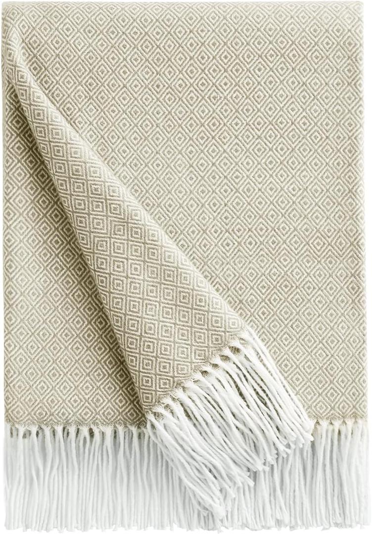 BOURINA Throw Blanket Decorative Faux Cashmere Fringe Lightweight Throw Soft Cozy for Bed or Sofa Outdoor Blanket, 50" x 60" Light Beige