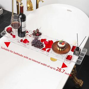 Expandable Bathtub Tray,Clear Plastic Anti-Slip Bath Tub Shelf Caddy Tray,Luxury Bathtub & Bathroom Accessories for Relaxing Spa,Suitable for bathtubs with an Internal Width of up to 28.7 inch, Clea