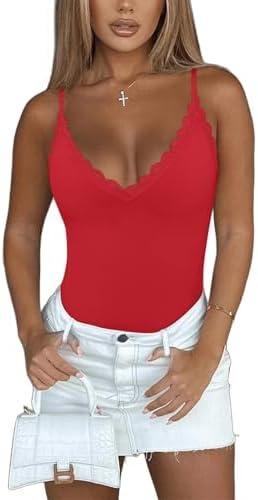 REORIA Women's Sexy V Neck Lace Backless Bodysuits Trendy Sleeveless Double Lined Thong Going Out Y2K Spaghetti Strap Tops Small