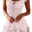 YOBECHO Womens Summer Ruffle Sleeve Sweetheart Neckline Printing Dress Mini Dresses (XX-Large, A-light Pink)