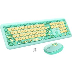 Wireless Colorful Keyboard and Mouse, seenda 2.4G USB Green & Yellow Keyboard Mouse Combo, Full Size Cute Keyboard for Windows, Laptop, PC, Notebook (Aquarius Green)