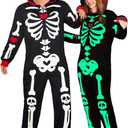 OLAOLA Glow in the Dark Skeleton Adult Onesie, Halloween Costume, Skull Pajama One Piece Cosplay Suit for Women and Men (Small)