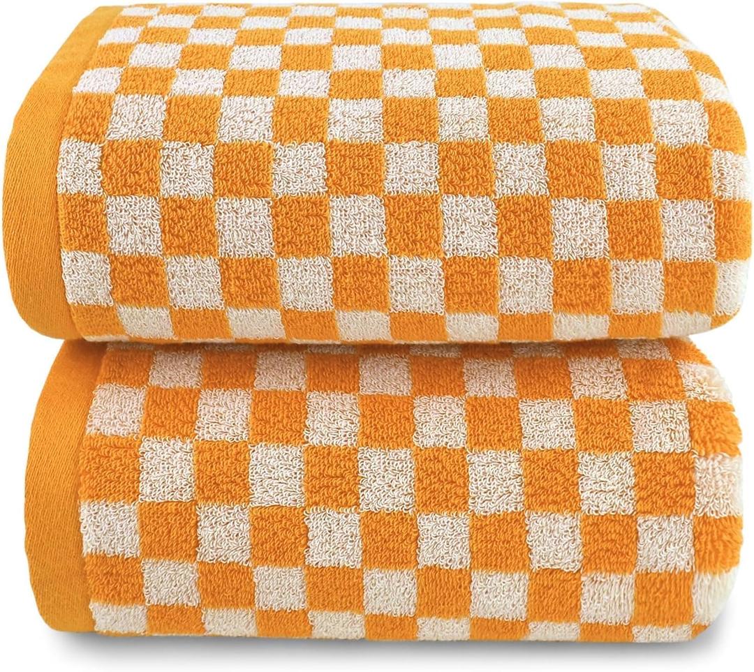 Jacquotha Orange Shower Towels for Bathroom Set of 2, Cotton Bath Towel Drying Body Hand Face Luxury 480 GSM Medium Thickness (Checkered)