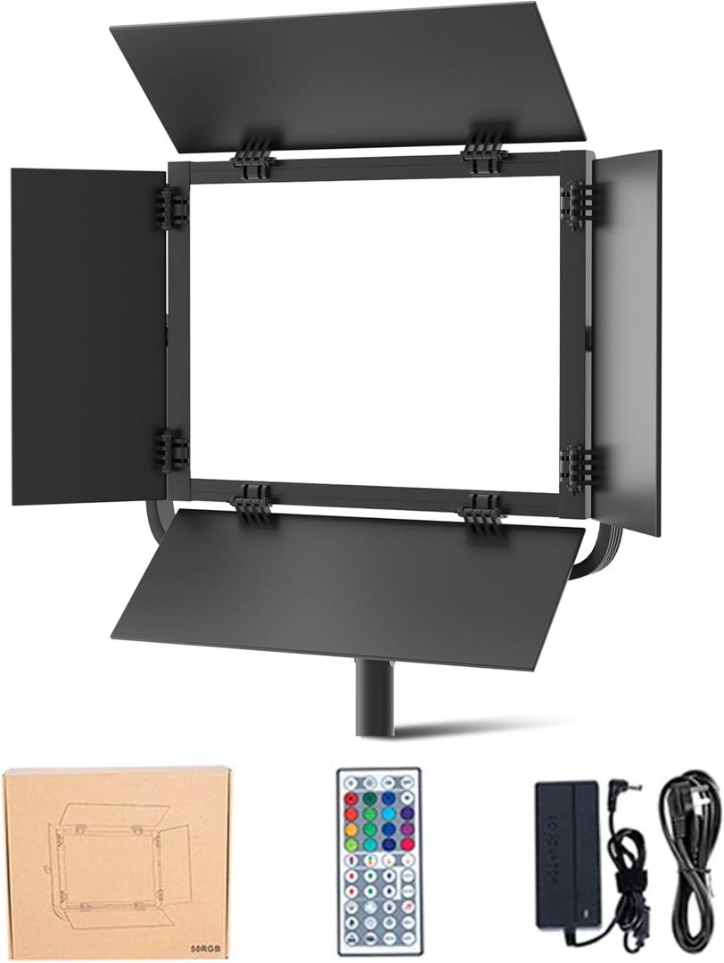 REFLEX CAMERA RGB LED Video Light Panel 3200K–5600K Bi-Color Dimmable with App & Remote Control – Studio Light for Photography, YouTube, Filmmaking, Adjustable Hue Saturation Barn Doors