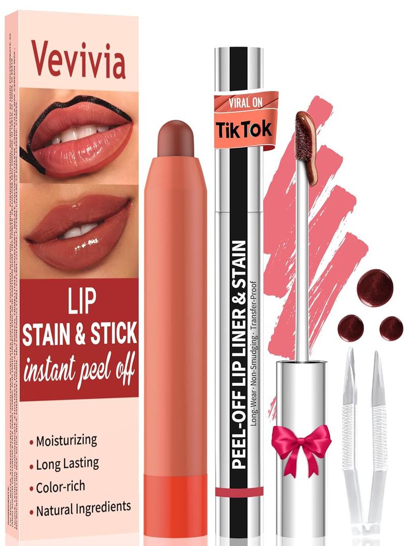 2 x Vevivia Lip Stain Set - Peel Off Lip Stain and Lip Balm, Long Lasting Lip Liner Stain with Natural Finish, Moisturizing Lip Balm for Dry Lips, Hydrating Gloss, Waterproof, Smudge-proof, Nude Pink