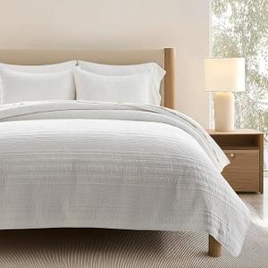 EVERGRACEHOME 100% Cotton Modern Lines Quilt Set King Size, Pre-Washed Soft Striped Coverlet Bedspread, 3 Piece Lightweight Bedding Set for All Season, with 2 Pillow Shams, Bright White