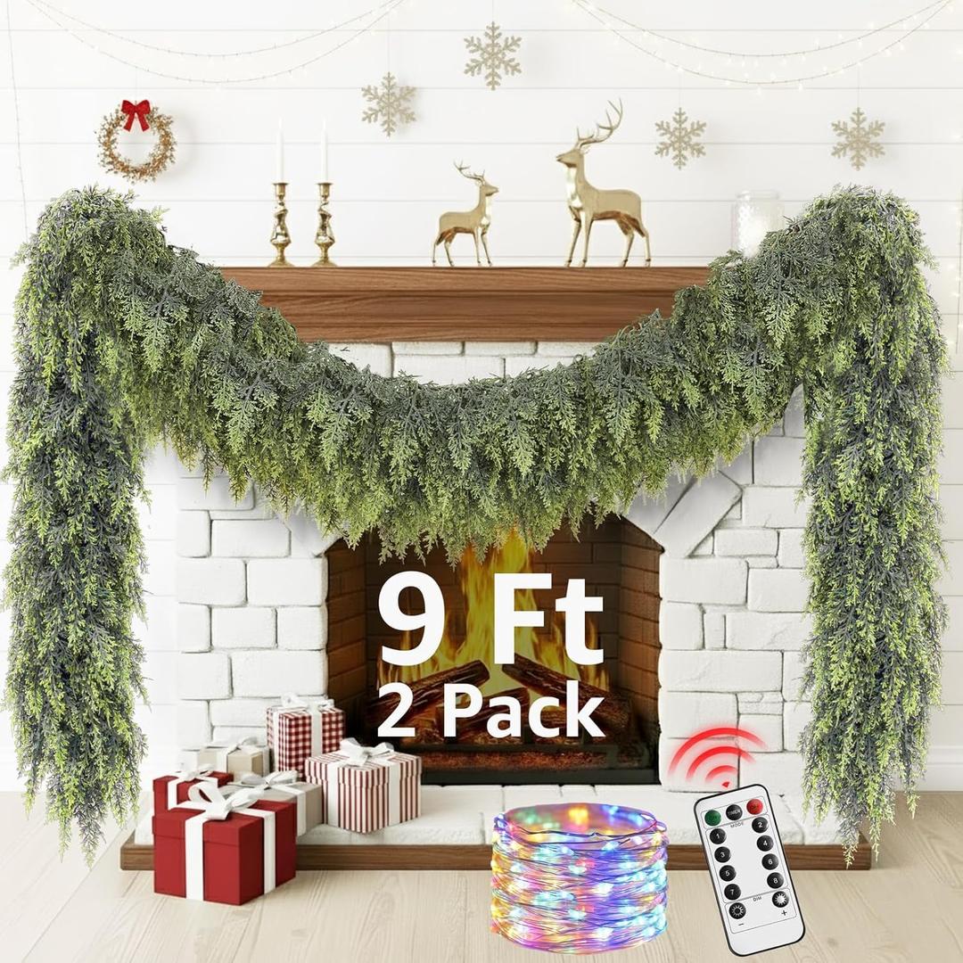 Cedar Christmas Garland for Mantle - 2 Pack Decorations with Lights 9ft Realistic Lighted Faux Pine Garlands for Xmas Home Decoration Indoor Stairs Railing Fireplace Outdoor Prelit Garland Door Decor
