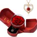 Preserved Red Rose with Heart Necklace, Eternal Real Rose, Romantic Rose Gifts for Women, Mom, Wife, Girlfriend, Mothers Day, Valentines Day, Anniversary, Birthday(Red)