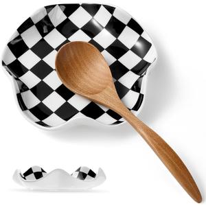 Ceramic Spoon Rest, 5.3in Black & White Pattern, Heat Resistant Cooking Spoon Holder for Kitchen Countertop, Stove Top, Spatula, Ladle, Coffee Spoon Rest