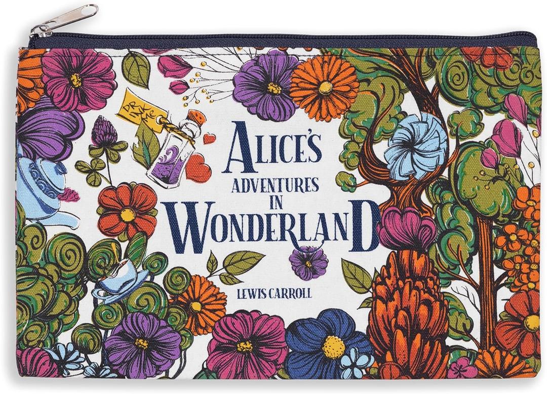 Steel Mill & Co Canvas Pencil Pouch, Bookish Zipper Bag for Purse, 9.75" x 6.5" Cute Pen Case for Book Lovers, Alice in Wonderland (Floral Nonsense)