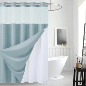 Extra Long Waterproof Bath Curtain 71x84 Fabric,Cloth Shower Liner with 12 Snap Buttons, Magnetic Hem with Fog Blue Waffle Weave Texture,No Hook Hotel Grade Machine Washable Curtain,Top Sheer Window.